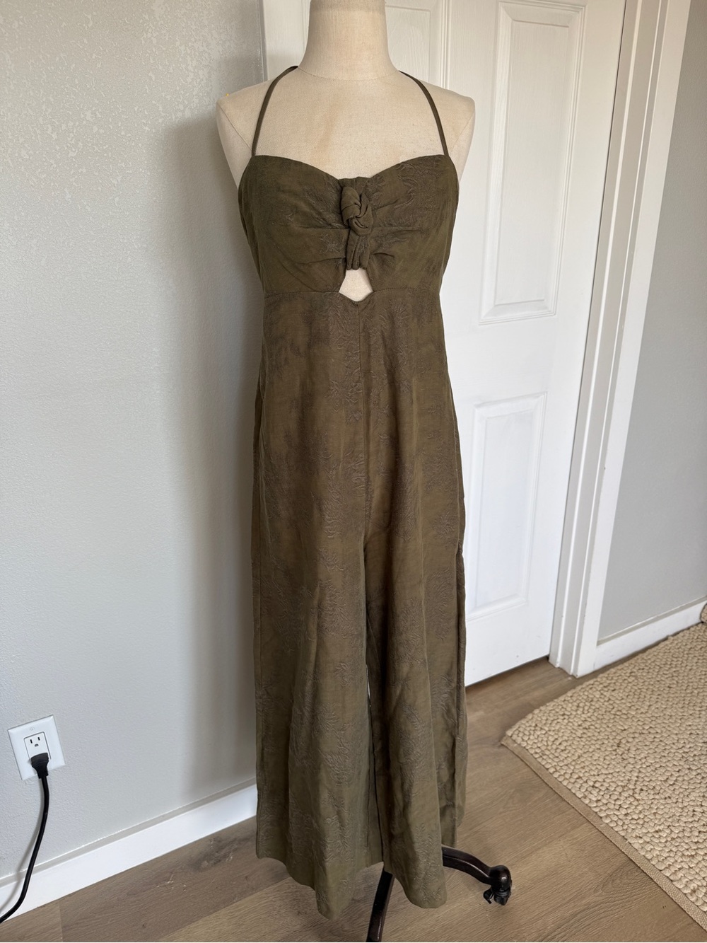 Anthropologie Elevenses Tropicale Olive Halter Midi Jumpsuit Linen Lyocell